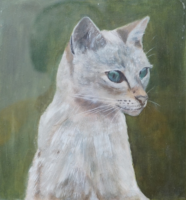 20th century School, oil on unstretched canvas, Study of a cat, indistinctly signed and dated 1977? lower right, 25 x 23cm. Condition - fair